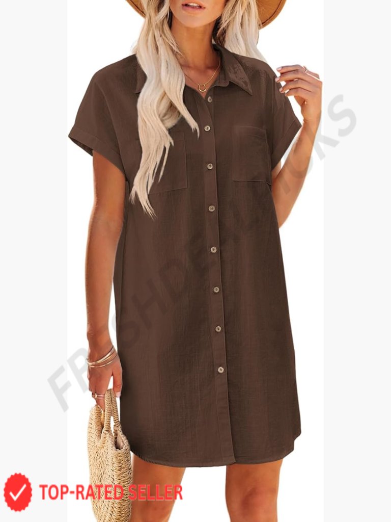 Cotton Button Down Mini Beach Dress Short Sleeve Tshirt Dress Casual Swing